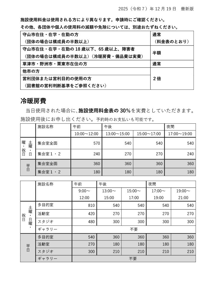 2025年12月19日版の施設使用料区分と冷暖房費。守山市在住・在学・在勤者は通常料金、そのうち18歳以下・65歳以上・障害者は半額です。草津・野洲・栗東市在住者は通常料金、その他の市または営利利用は2倍。団体は構成員の半数以上で判定。冷暖房費は施設使用料の30％で、ギャラリーは不要です。