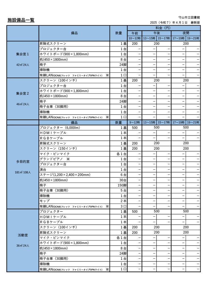 貸館備品一覧（表）