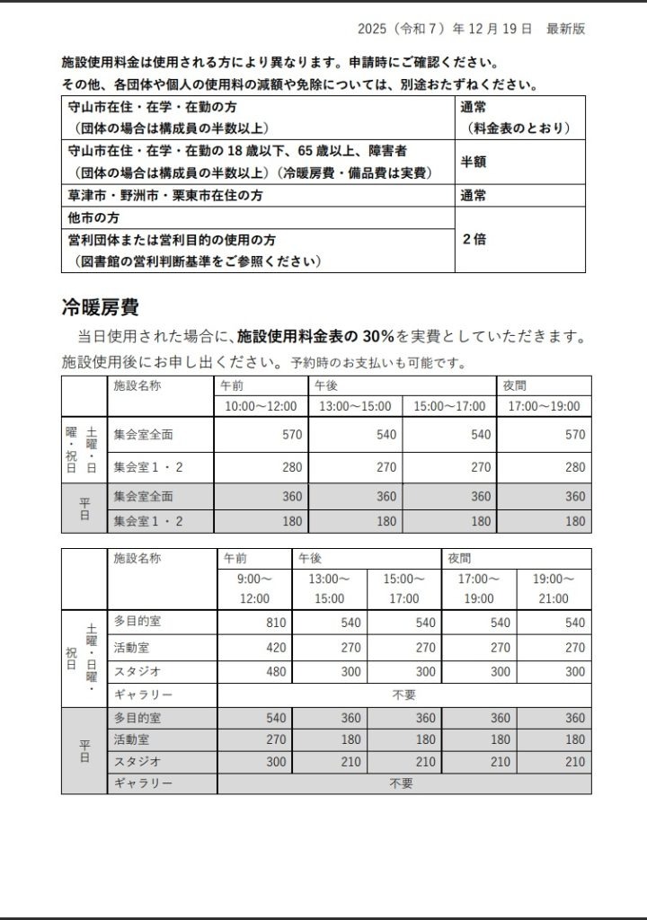 2025年12月19日版の施設使用料区分と冷暖房費。守山市在住・在学・在勤者は通常料金、そのうち18歳以下・65歳以上・障害者は半額です。草津・野洲・栗東市在住者は通常料金、その他の市または営利利用は2倍。団体は構成員の半数以上で判定。冷暖房費は施設使用料の30％で、ギャラリーは不要です。