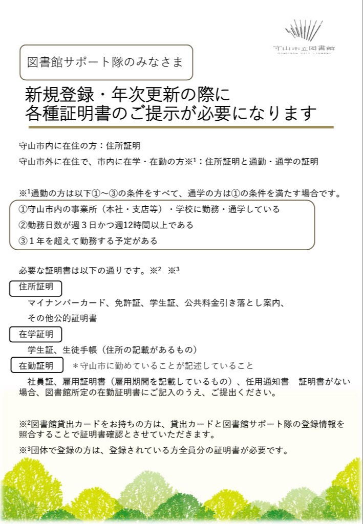 図書館サポート隊の新規登録・年次更新に必要な証明書の案内。守山市内在住者は住所証明、市内在住かつ市内在学・在勤者は住所証明と在学・在勤証明が必要。団体登録は登録者全員分を提示。